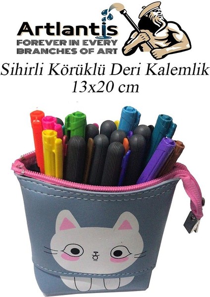 Körüklü Kalemlik Kedi 1 Adet Mavi Renk Sihirli Körüklü Deri Kalemlik Kalem Çantası Sevimli Kedi Kalem Kutusu modelleri