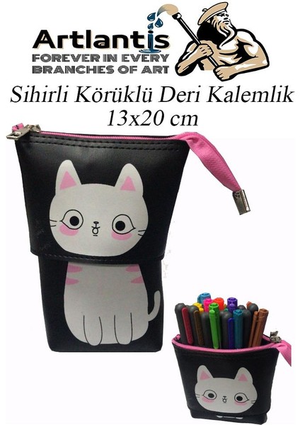 Körüklü Kalemlik Kedi 1 Adet Siyah Renk Sihirli Körüklü Deri Kalemlik Kalem Çantası Sevimli Kedi Kalem Kutusu