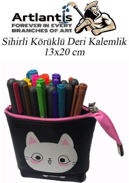 Körüklü Kalemlik Kedi 1 Adet Siyah Renk Sihirli Körüklü Deri Kalemlik Kalem Çantası Sevimli Kedi Kalem Kutusu modelleri