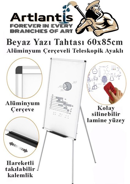 Ayaklı Yazı Tahtası Beyaz 60X85 cm Teleskobik Ayaklı 1 Adet Alüminyum Kolay Silinebilir Ergomik Beyaz Yazı Tahtası