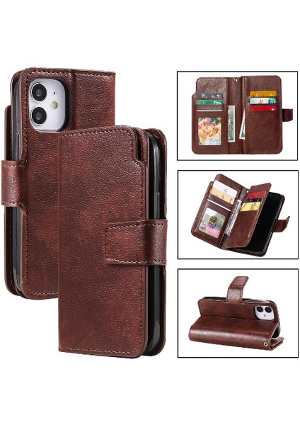 IPhone 12 Için Kılıf Manyetik 9 Kart Yuvaları Cüzdan Kickstand Pu Deri (Yurt Dışından)