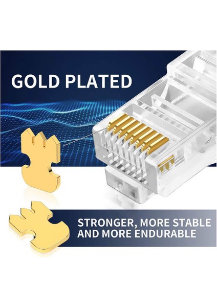 - 100 Adet - 50U" (50 Micron) Gold Plated Cat6 Ez RJ45 Delikli Konnektör Yeni Nesil Jack Uç