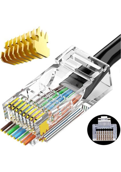 - 100 Adet - 50U" (50 Micron) Gold Plated Cat6 Ez RJ45 Delikli Konnektör Yeni Nesil Jack Uç