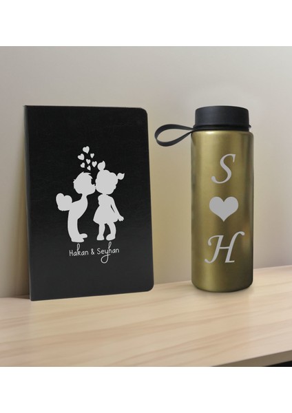 Sevgiliye Özel İsimli Siyah Defter ve Gold Cam Matara Hediye Seti