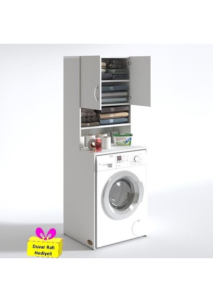 Kenzlife çamaşır makinesi dolabı hayzum byz 180*066*55 banyo kiler çift kapaklı arkalıklı + tekli duvar rafı hediyeli