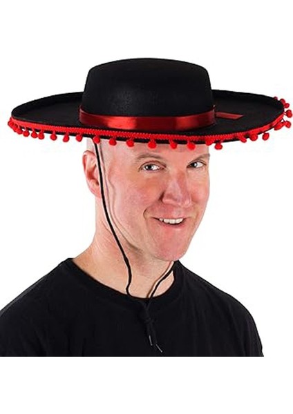 Kırmızı Ponponlu Siyah Renk Ispanyol Şapkası Yetişkin 1 Adet