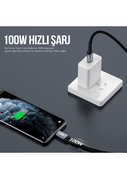 BX07CC 100W Hi-Speed 20GBPS 4K 60Hz Örgülü Metalik Başlıklı Type-C Şarj, Data ve Görüntü Kablosu Koyu Gri 1 Metre