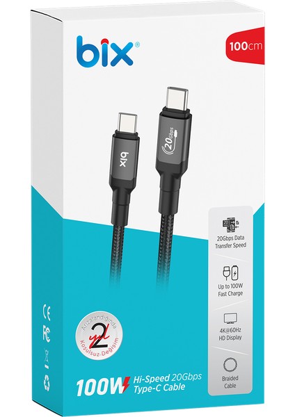 BX07CC 100W Hi-Speed 20GBPS 4K 60Hz Örgülü Metalik Başlıklı Type-C Şarj, Data ve Görüntü Kablosu Koyu Gri 1 Metre