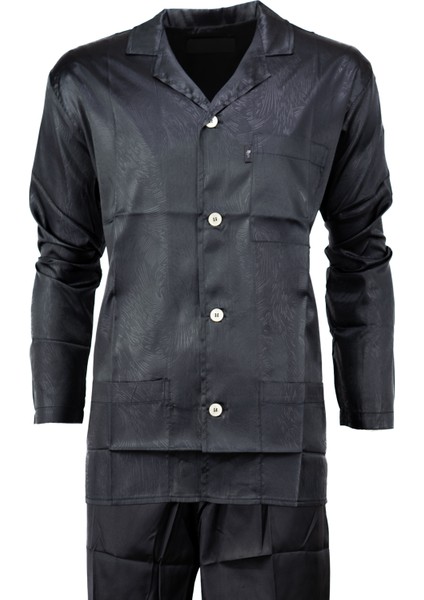 Erkek Klasik Model Saten Gecelik Gömlek Premium Ipeksi Saten Kumaş Desenli Cepli Tam Kalıp