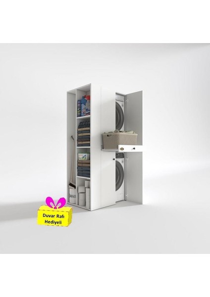 Kenzlife çamaşır-kurutma makinesi dolabı ahi evran sol byz 187*090*60 çekmeceli + tekli duvar rafı hediye