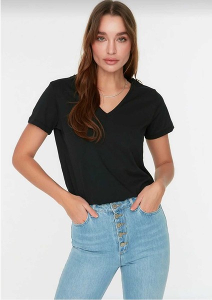 Süper Kalite Siyah V-Yaka Kadın Basic Tişört Örme Pamuk Penye T-Shirt
