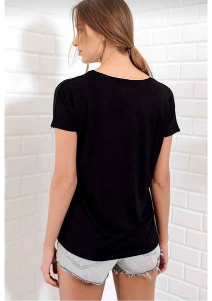 Süper Kalite Siyah V-Yaka Kadın Basic Tişört Örme Pamuk Penye T-Shirt fiyatları