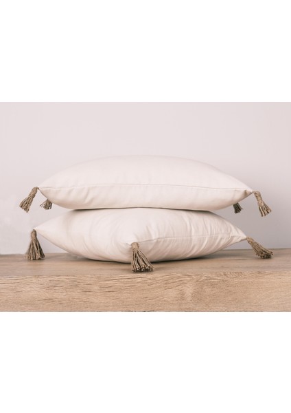 3'lü Hasır Püsküllü Naturel Keten Karışımlı Kırlent Kılıfı Krem indirimleri