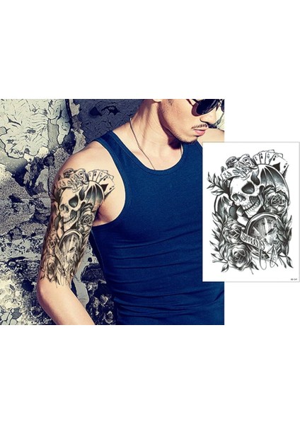 Gerçekci Geçici Kurukafa Saat Gül Desenli Dövme Sahte Etiket Kadın Erkek Kol Bacak