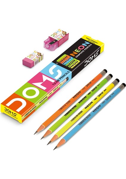 Doms Neon Kurşun Kalem 12'li + Silgi + Kalemtraş 12'li Paket