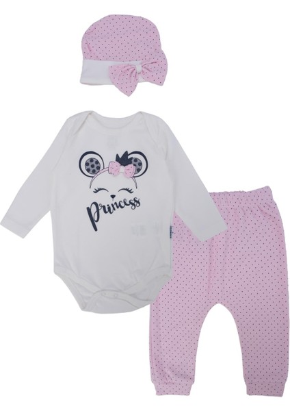 Kız Bebek Princess Baskılı Fiyonklu Puanlı Zıbın Body 3'lü Takım