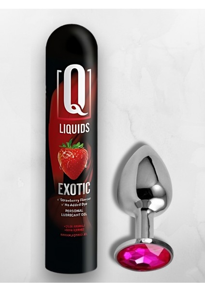 Q Liquids Çilek Aromalı 125 ml Kayganlaştırıcı Jel + Mücevherli Çelik Plug