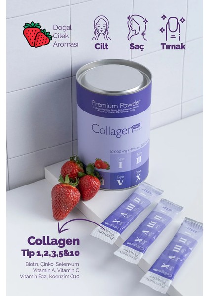 Collagen Forte Platinum Premium Powder (Toz) 5 Tip Kolajen 10.000 mg x 30 Şase, Orman Meyveli Aroma