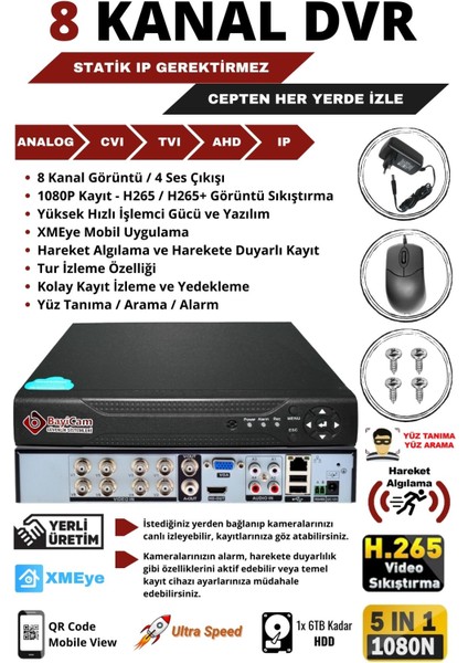 5 Kameralı Metal Panda Kasa Sony Lensli 1080P Full Hd Gece Görüşlü Kamera Seti 500GB Hard Disk -5p