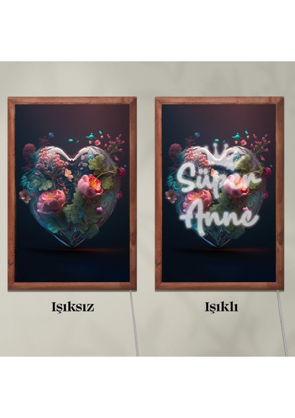 Işıklı Pleksi Çiçekli Kalp Temalı Sürpriz Tablo Dekoratif Ayaklı Biblo Anneler Günü Hediyesi