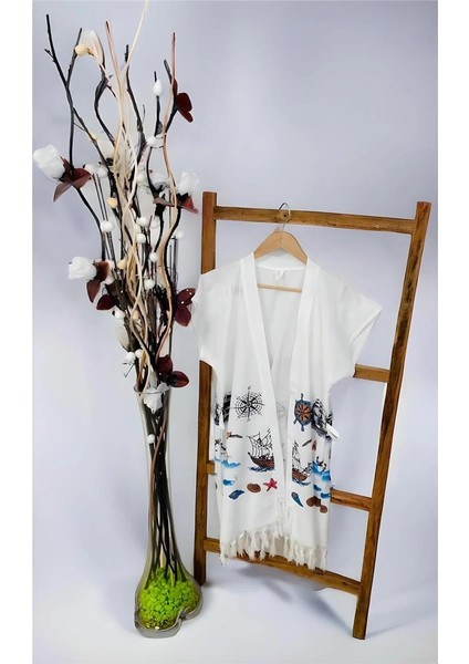 Pamuk Viskon Denizci Desen Baskılı Kuşaklı Kısa Kimono Peştemal Bornoz Beachwear fiyatları