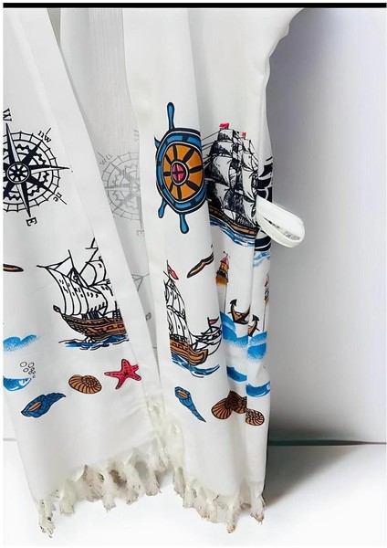 Pamuk Viskon Denizci Desen Baskılı Kuşaklı Kısa Kimono Peştemal Bornoz Beachwear modelleri