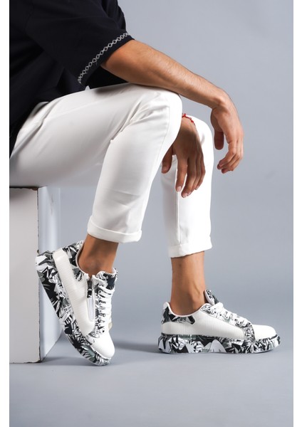 Beyaz-Siyah Crocodile, %100 Vegan&pamuk Iç Astar, Topuk Boyu 4 Cm, Günlük Şık Tasarım Erkek Sneaker