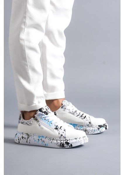 Beyaz-Mavi Crocodile, %100 Vegan & Pamuk Iç Astar, Topuk Boyu 4 Cm, Günlük Şık Tasarım Erkek Sneaker