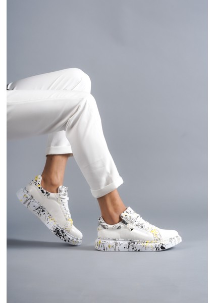 Beyaz-Sarı Crocodile, %100 Vegan & Pamuk Iç Astar, Topuk Boyu 4 Cm, Günlük Şık Tasarım Erkek Sneaker