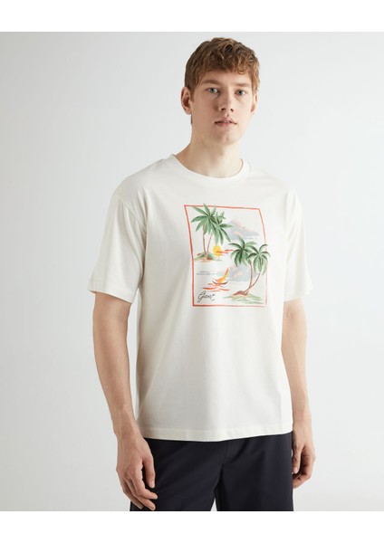 Erkek Krem Relaxed Fit Bisiklet Yaka Logolu T-Shirt 2013080.113