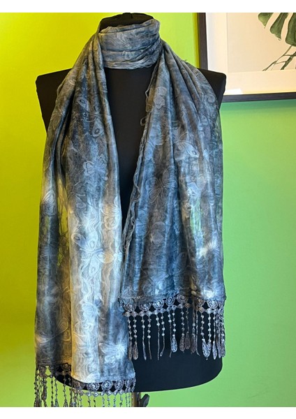 Tül Güpür Kelebekli Tasarım Fular Şal Boyun Bağı 150X35 cm