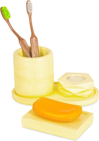 Lemon Limon Sarı 4'lü Beton Diş Fırçalığı Sabunluk Mumluk ve Tepsili Banyo Seti
