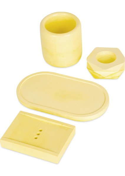 Lemon Limon Sarı 4'lü Beton Diş Fırçalığı Sabunluk Mumluk ve Tepsili Banyo Seti