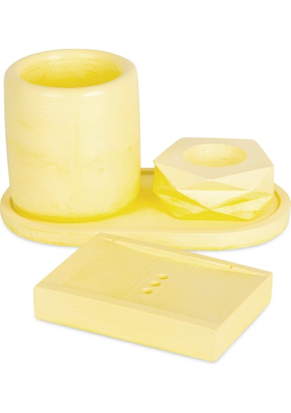 Lemon Limon Sarı 4'lü Beton Diş Fırçalığı Sabunluk Mumluk ve Tepsili Banyo Seti