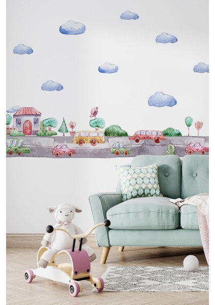 Arabalar ve Şehir Temalı Çocuk Bebek Odası Duvar Sticker Seti, Şehirde Trafik Yol Şeritler Ağaçlar