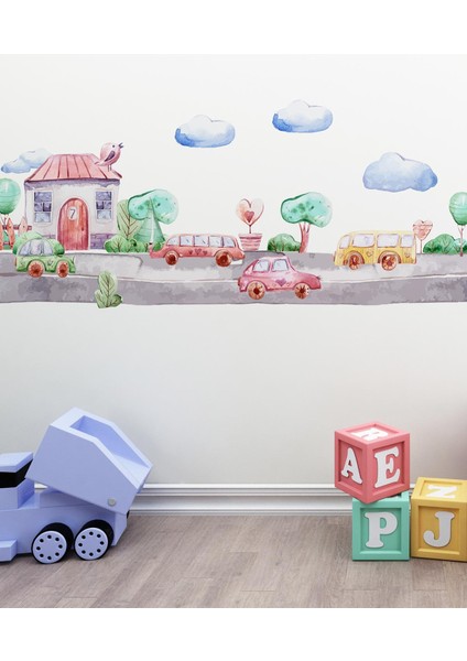 Arabalar ve Şehir Temalı Çocuk Bebek Odası Duvar Sticker Seti, Şehirde Trafik Yol Şeritler Ağaçlar fiyatları
