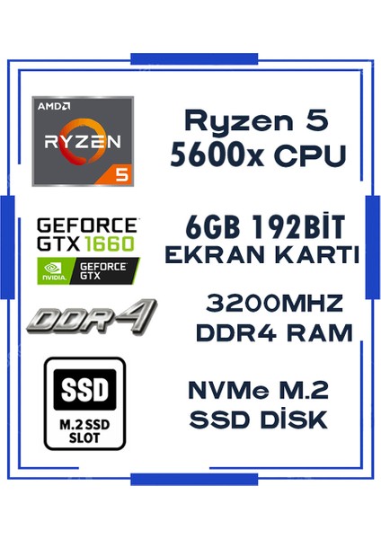 Augustus X47 Ryzen 5 5600X 16GB Ddr4 512GB M.2 Nvme SSD GTX1660 6gb 192BIT Sıvı Soğutmal Oyuncu Masaüstü Bilgisayar