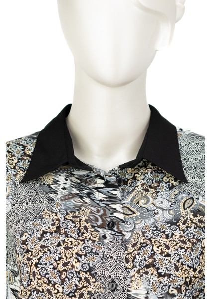 Kadın Likrasız Kumaş Anne Gömlek Ebru Desenli Uzun Kollu Vatkalı Tam Kalıp Rahat Kesim