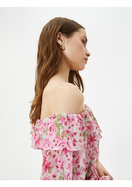Çiçekli Elbise Midi Omzu Açık Bağlama Detaylı