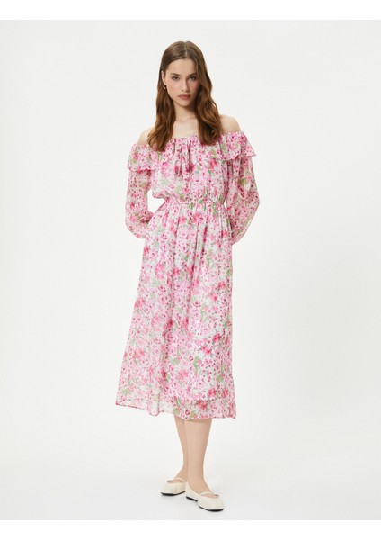 Çiçekli Elbise Midi Omzu Açık Bağlama Detaylı fiyatları