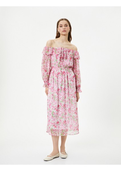 Çiçekli Elbise Midi Omzu Açık Bağlama Detaylı modelleri