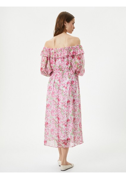 Çiçekli Elbise Midi Omzu Açık Bağlama Detaylı fırsatları