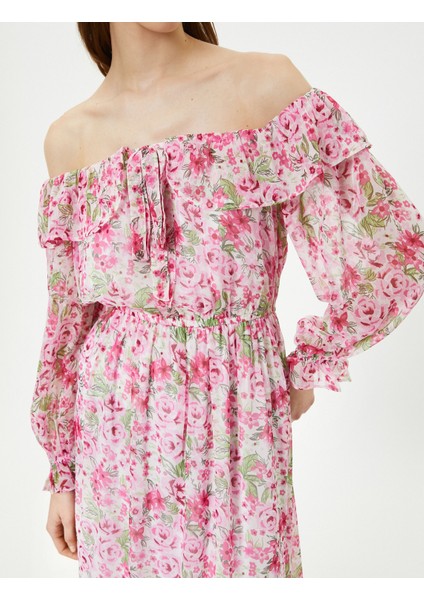 Çiçekli Elbise Midi Omzu Açık Bağlama Detaylı indirimleri