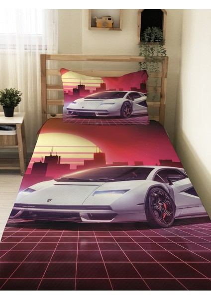 Spor Araba Desenli Genç ve Çocuk Baskılı Tek Kişilik Pike Takımı 160X230 Renkli