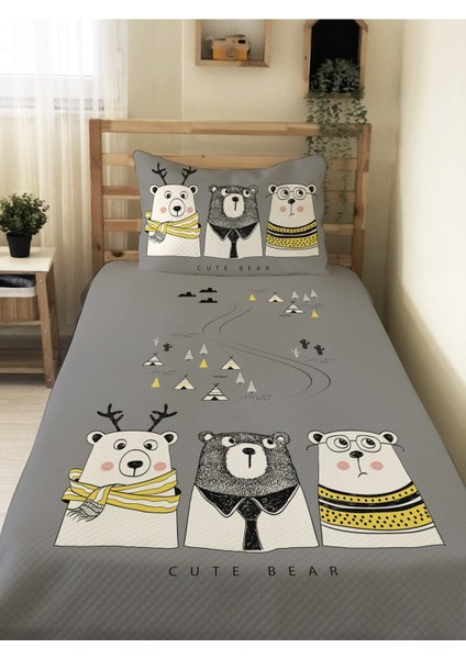 Ayı ve Yol Desenli Bebek ve Çocuk Baskılı Tek Kişilik Pike Takımı 160X230 Gri