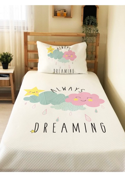 Renkli Bulut Desenli Bebek ve Çocuk Baskılı Tek Kişilik Pike TAKIMI 160X230 Beyaz