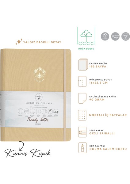 Canvas Gizli Spiralli Yaldızlı Sert Kapak Noktalı Defter 16 x 22,5 cm Bej