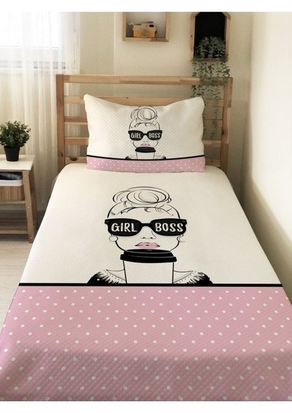 Girl Boss Desenli Genç ve Çocuk Baskılı Tek Kişilik Pike Takımı 160X230 Beyaz