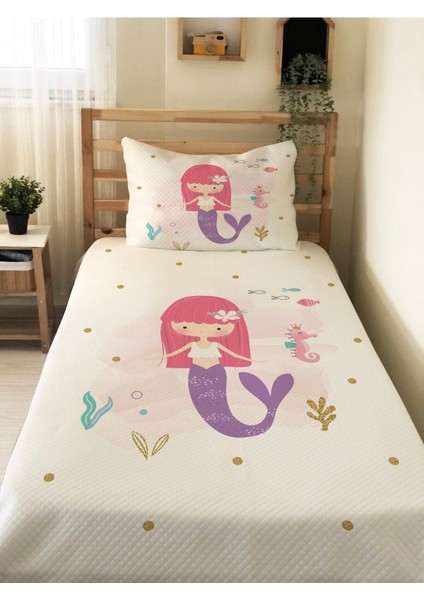 Deniz Kızı Desenli Bebek ve Çocuk Baskılı Tek Kişilik Pike Takımı 160X230 Beyaz