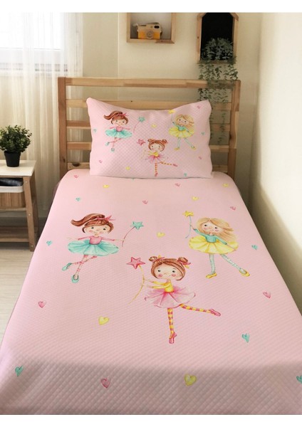 Prenses Kızlar Desenli Bebek ve Çocuk Baskılı Tek Kişilik Pike Takımı 160X230 Pembe